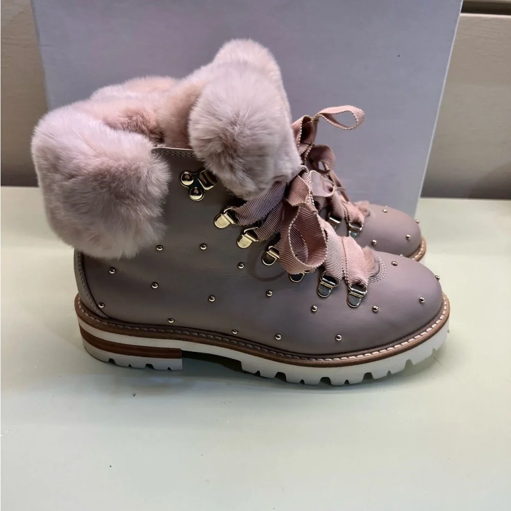 AGL MADE IN ITALY LEATHER Pink Winter Boots with Fur Trim and Ribbon Laces NWT